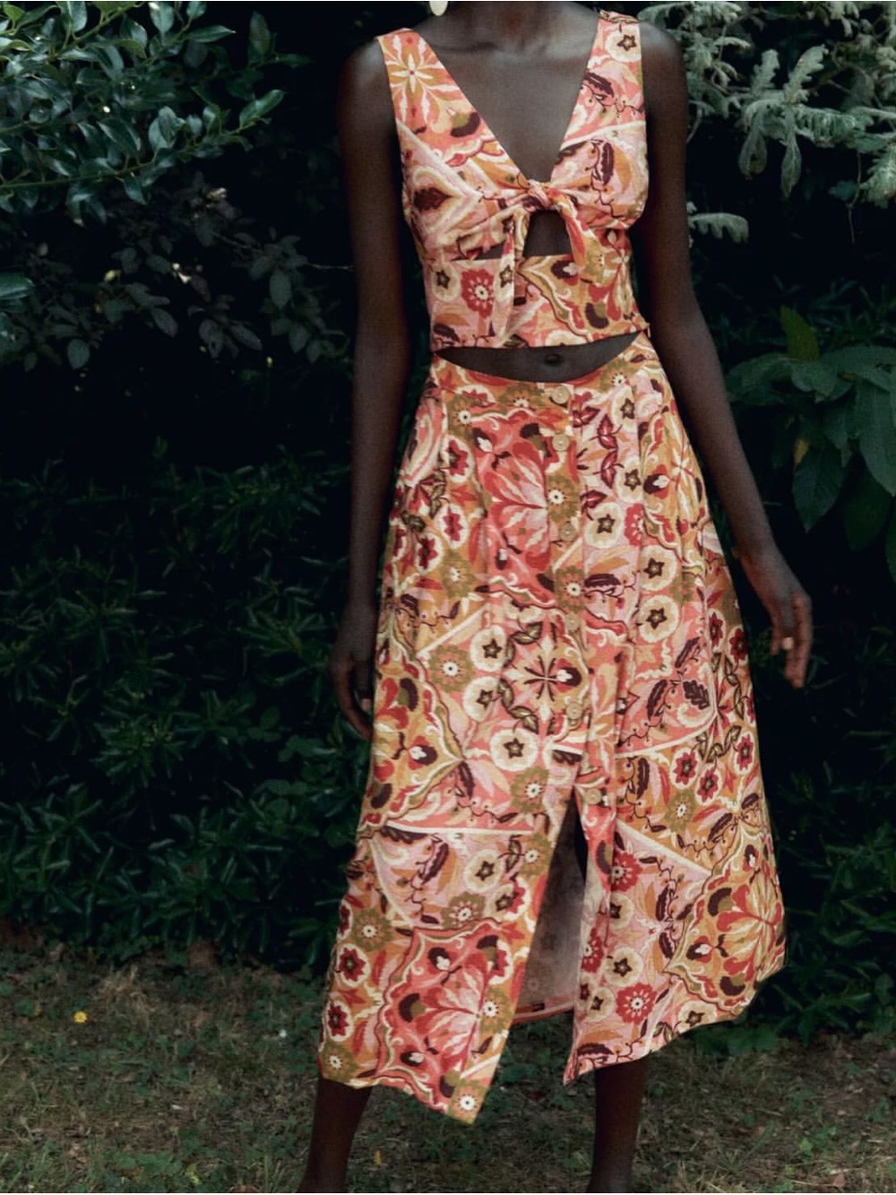 Zara Floral Button-Front Midi Skirt and Top set in Multicolor
